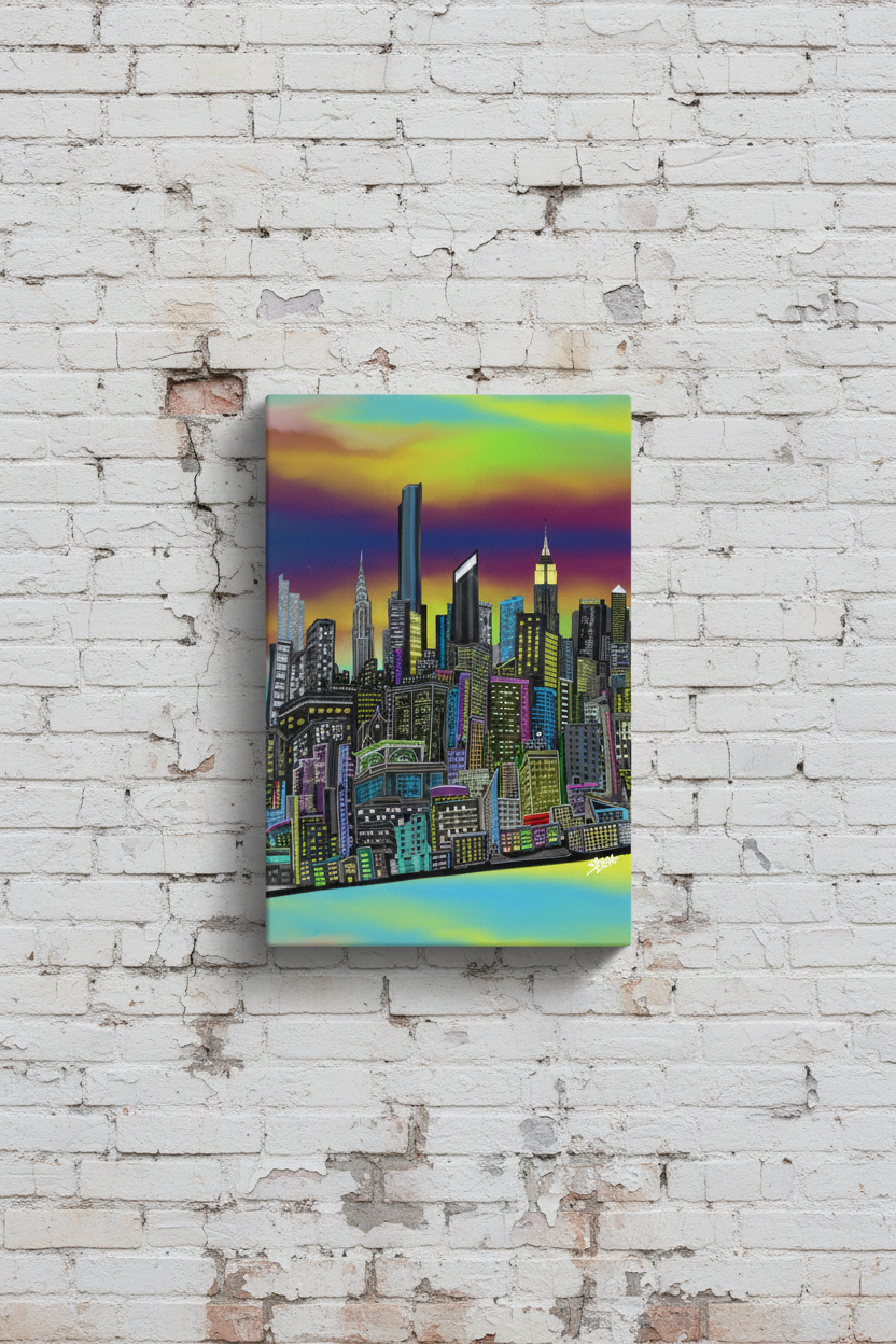 Colorful cityscape Loria NYC Art painting on a textured white brick wall