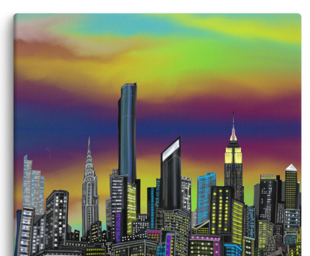 Colorful Loria NYC Art city skyline with tall buildings against a vibrant sky