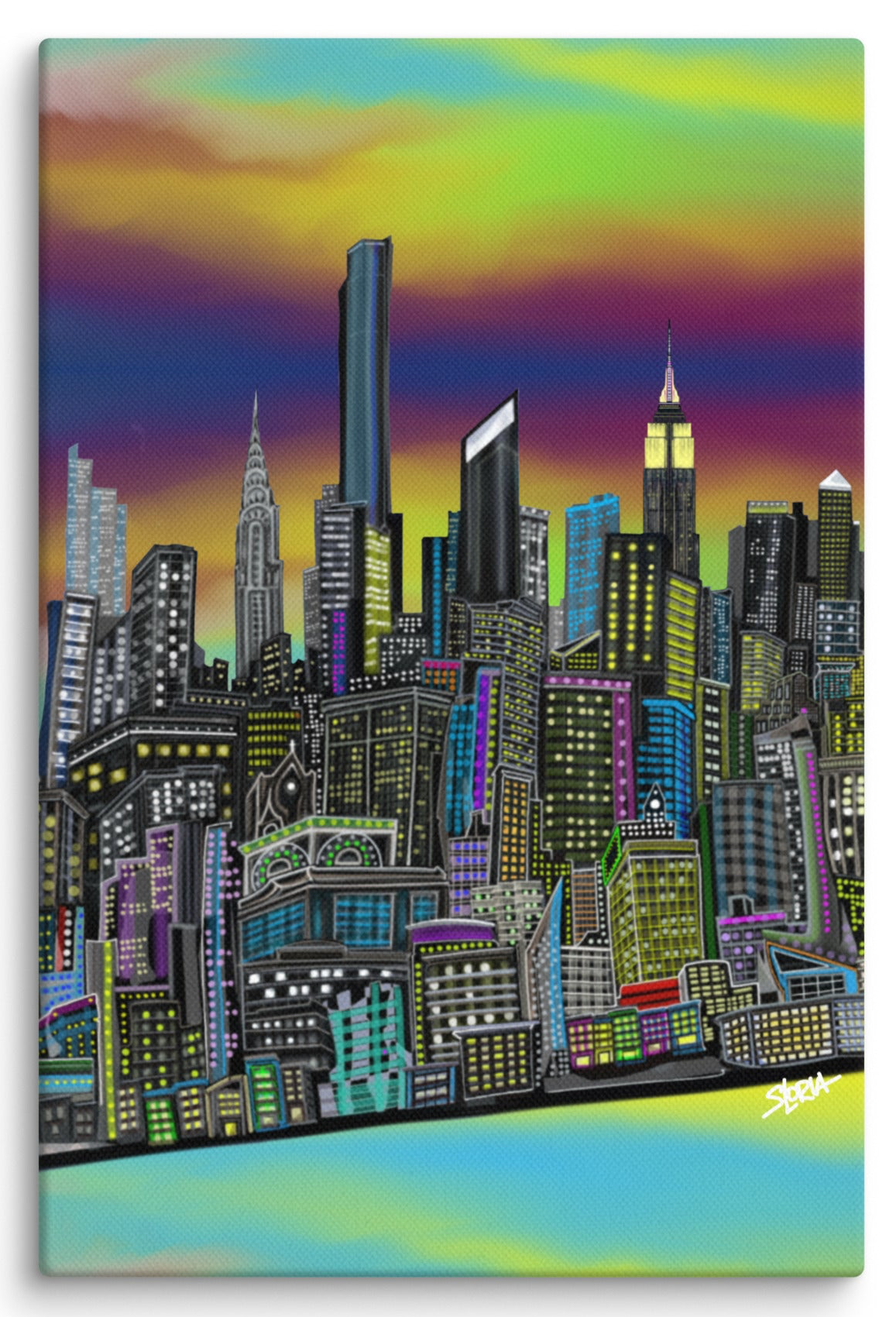 Colorful city skyline Loria NYC Art painting with a vibrant sky