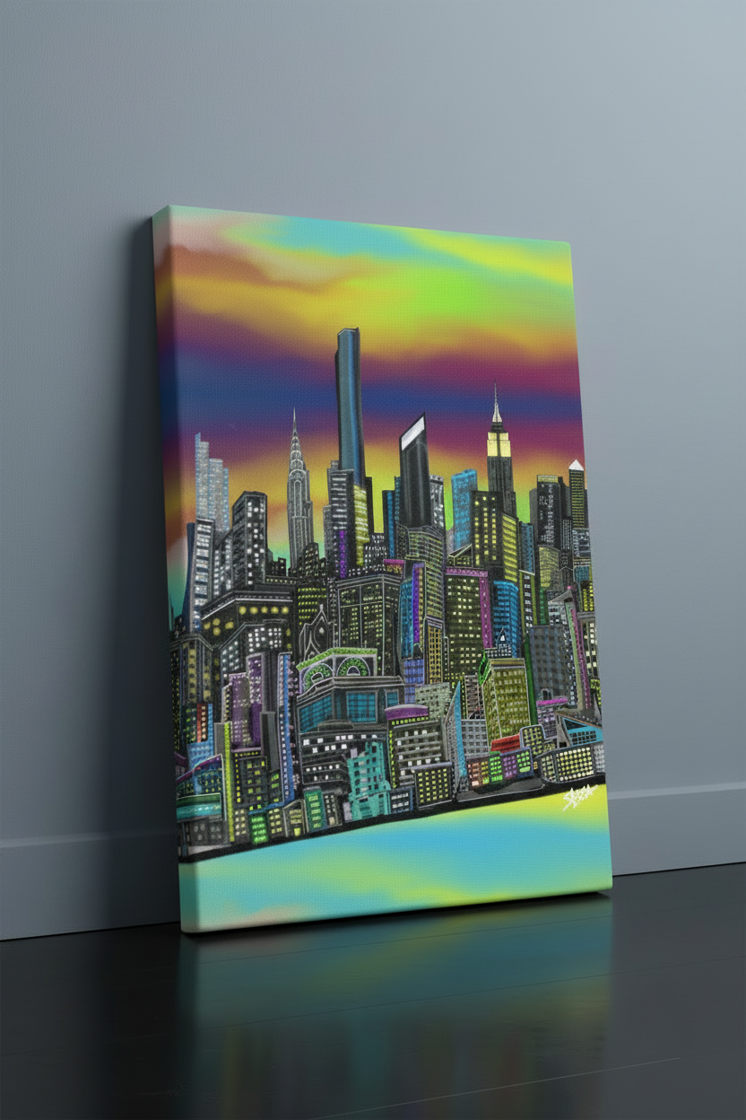 Canvas print of a Loria NYC Art colorful cityscape hanging on a gray wall.