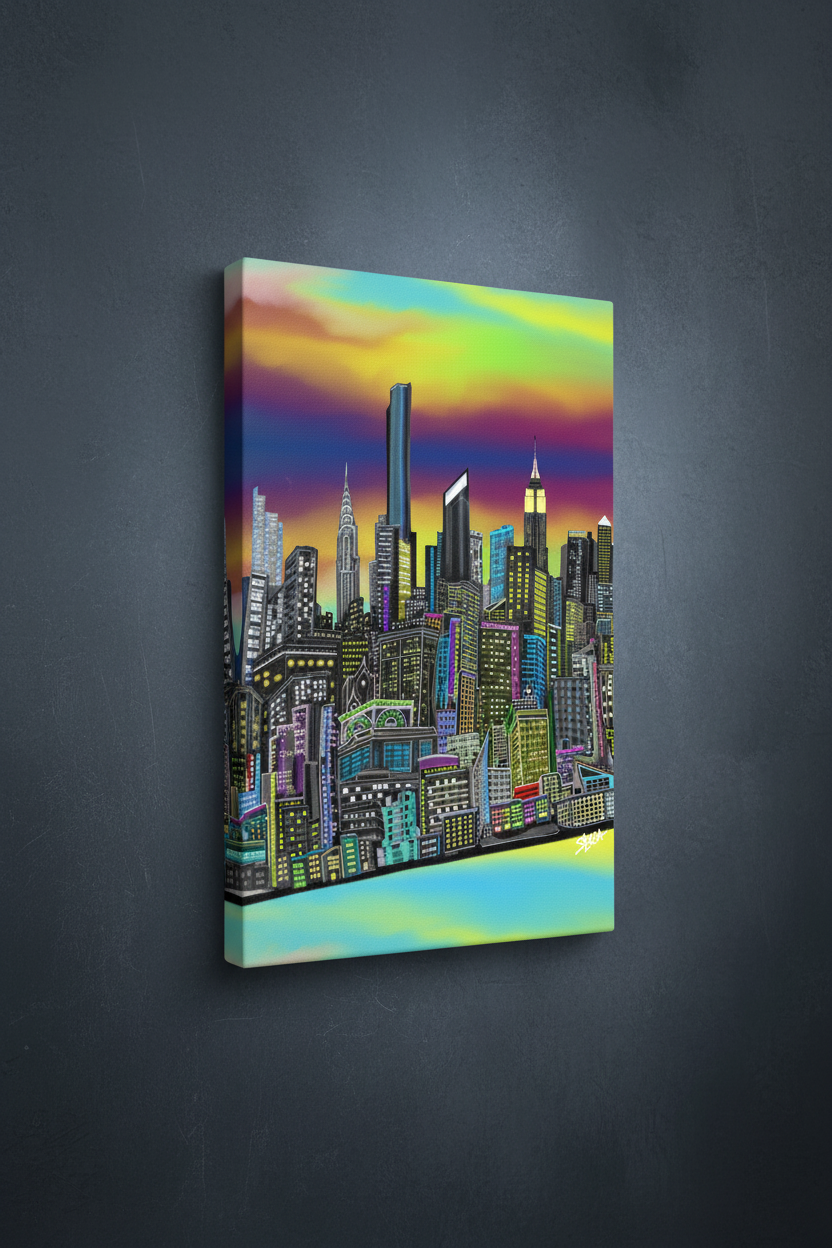 Canvas print of a colorful Loria NYC Art cityscape with a dark gray background