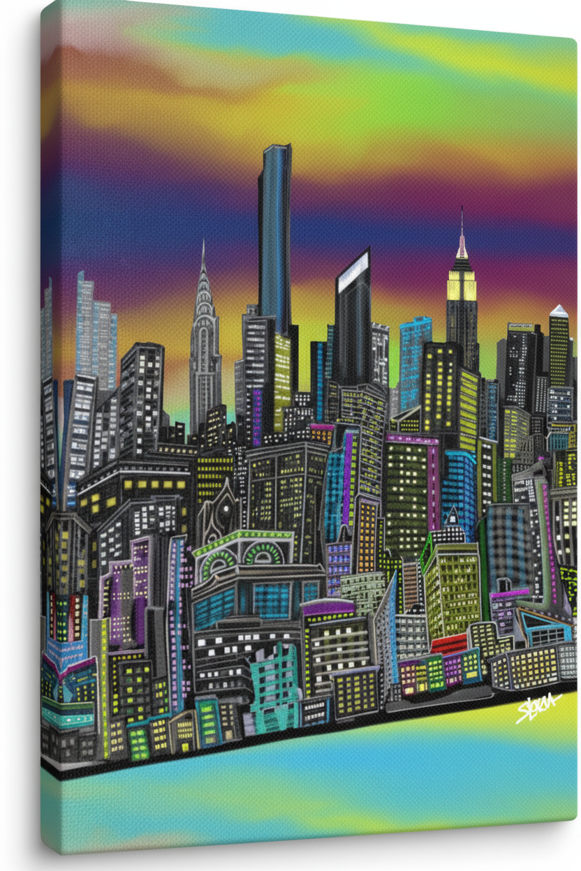 Colorful cityscape Loria NYC Art painting with tall buildings against a vibrant sky.
