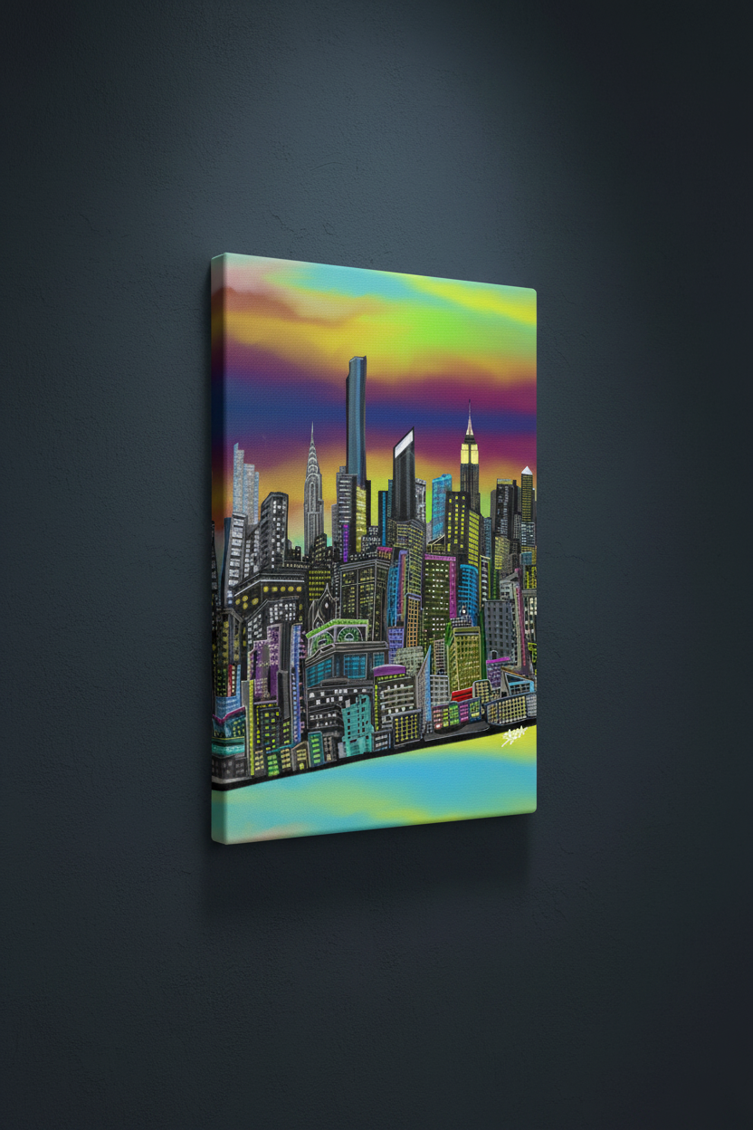 Colorful cityscape Loria NYC Art painting on a dark wall