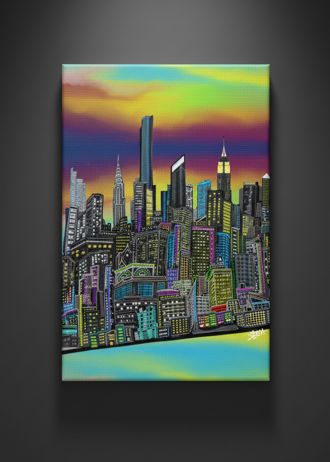 Canvas print of a colorful Loria NYC Art cityscape with tall buildings against a vibrant sky.