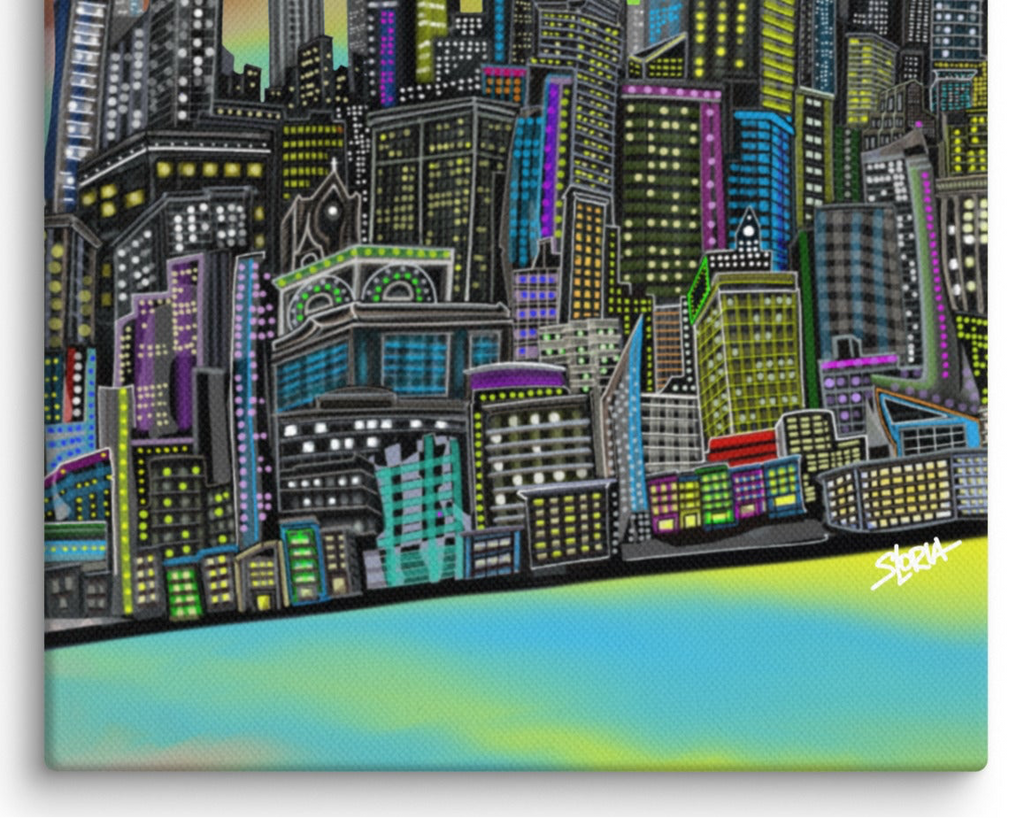 Colorful cityscape Loria NYC Art painting with tall buildings and a gradient background