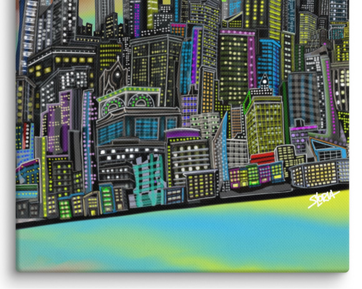 Colorful cityscape Loria NYC Art painting with tall buildings and a gradient background