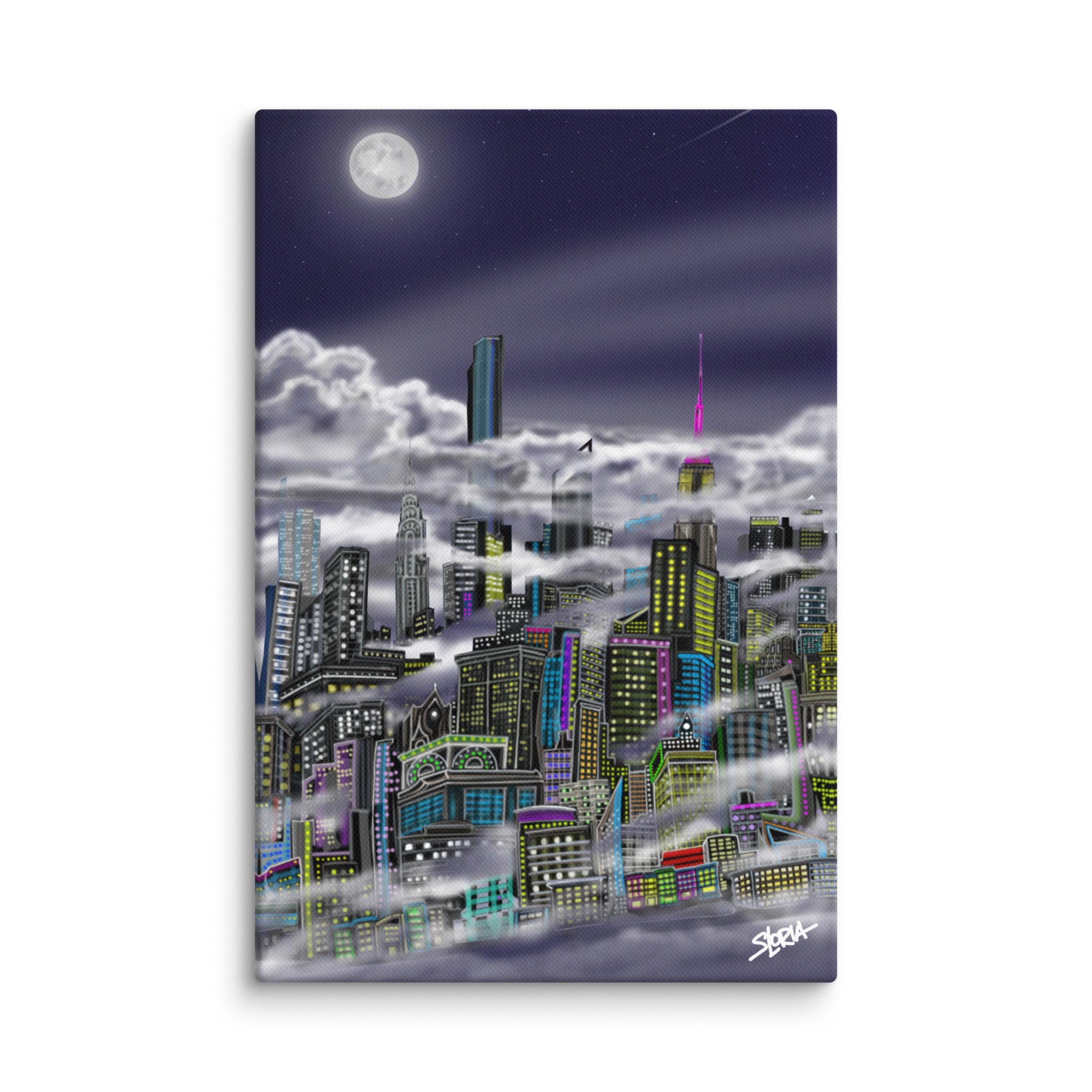 NYC City skyline at night with colorful buildings and a full moon, featuring the brand 'S.Loria', Created and designed by Loria NYC Art