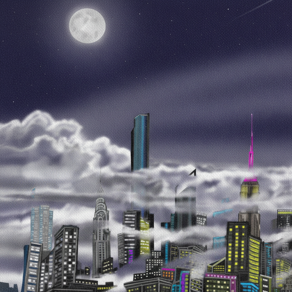 City skyline at night with tall buildings and a full moon, Close up view of printed designed canvas by Loria NYC Art, featuring the brand 'S.Loria'
