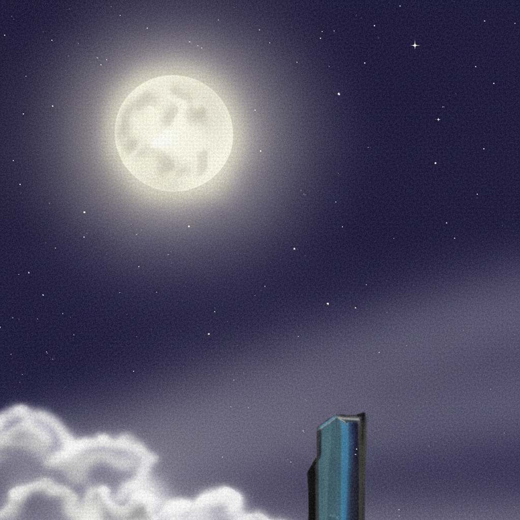 Full moon in a night sky with clouds and a building silhouette, City skyline at night with tall buildings and a full moon, Close up view of printed designed canvas by Loria NYC Art, featuring the brand 'S.Loria'