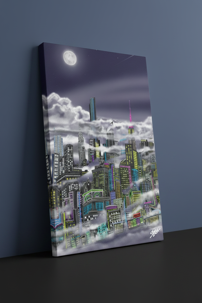 Canvas print of a Loria NYC Art cityscape with clouds and moon on a gray wall.
