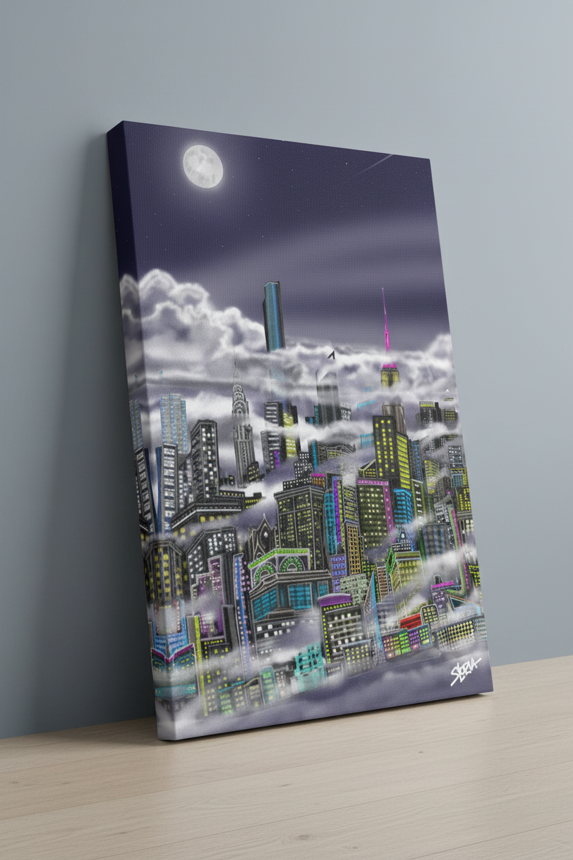 Canvas print of a Loria NYC Art cityscape with a full moon on a gray wall.