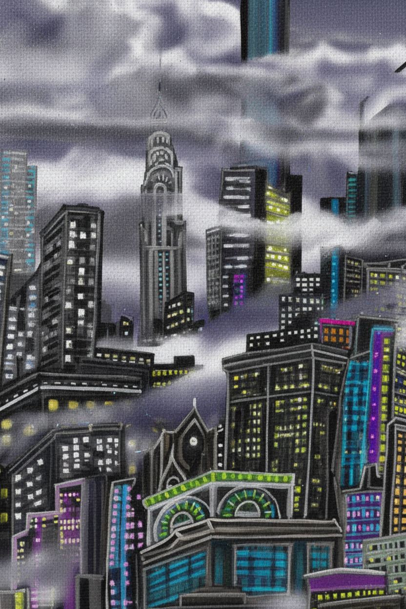 Cityscape pattern with illuminated buildings on a dark background, City skyline at night with tall buildings and a full moon, Close up view of printed designed  canvas by Loria NYC Art, featuring the brand 'S.Loria'