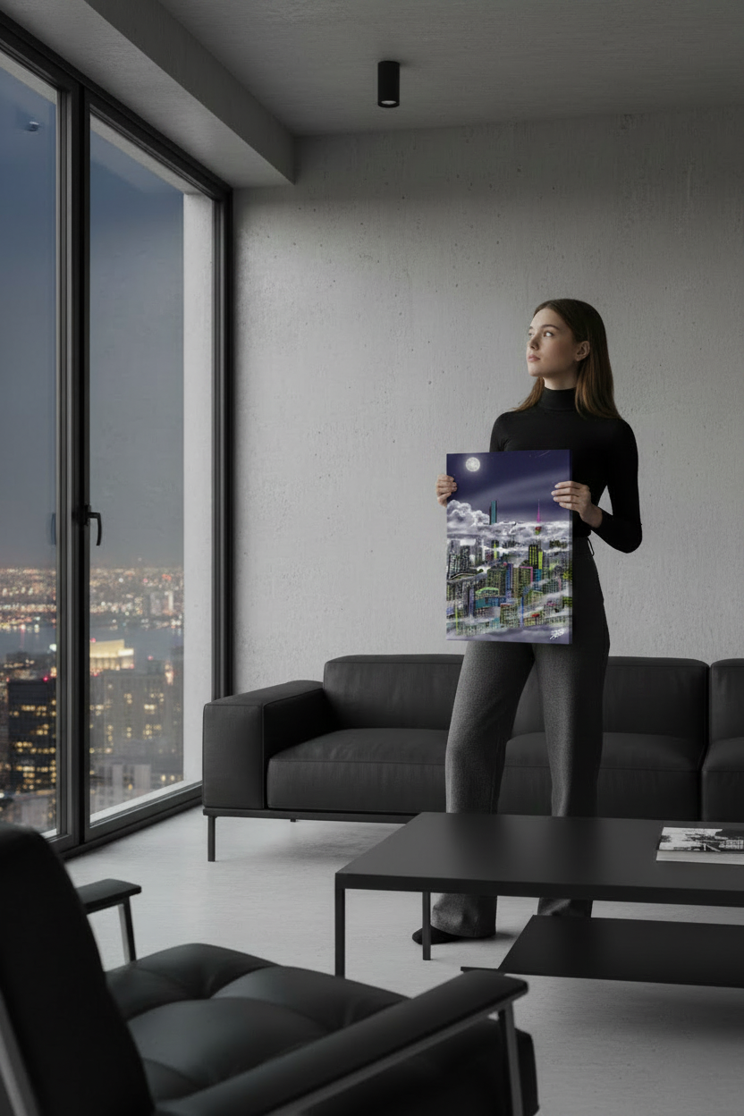 Woman holding a painting of a Loria NYC Art cityscape in a modern living room with large windows.