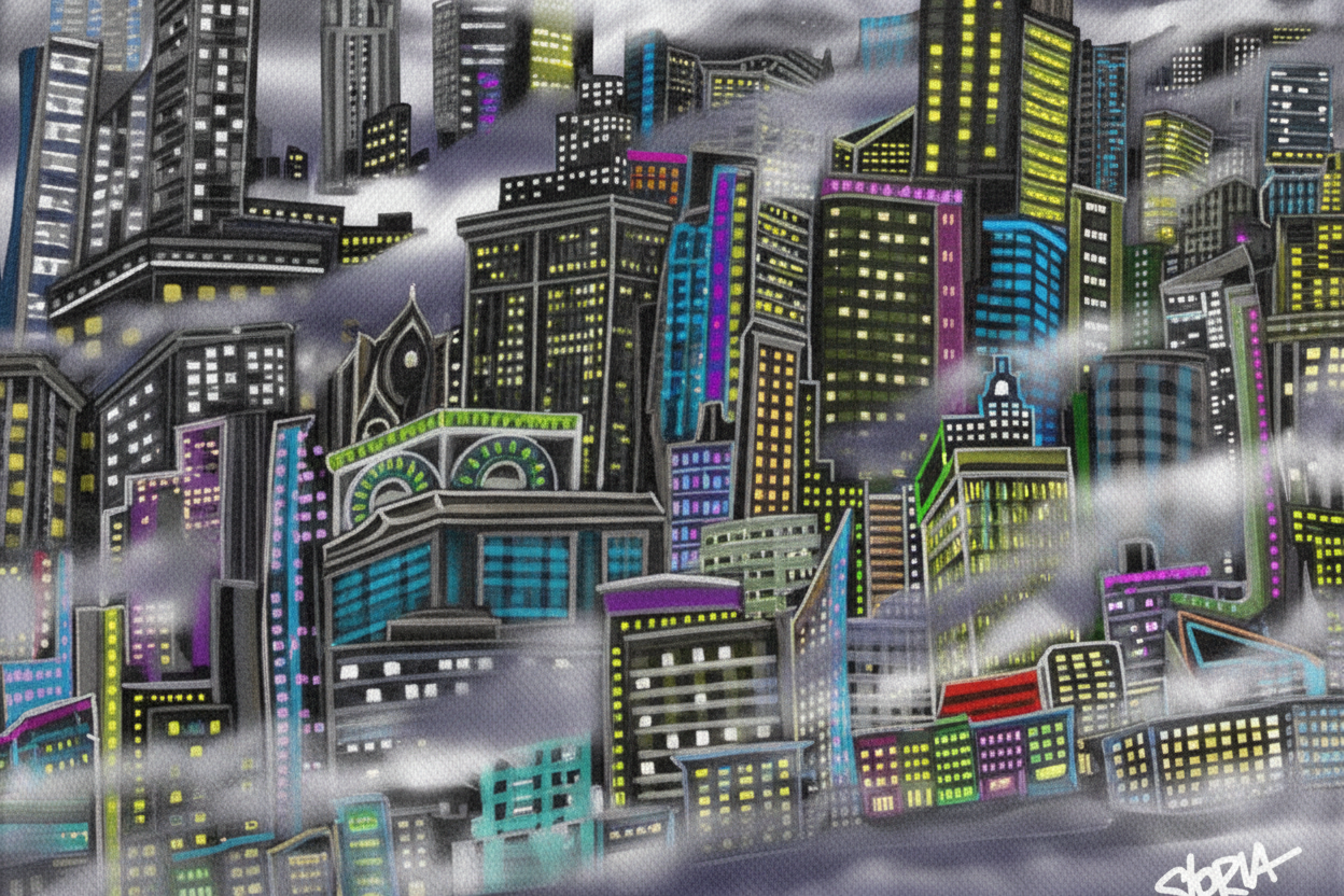Colorful cityscape illustration with tall buildings at night, NYC City skyline at night with colorful buildings featuring the brand 'S.Loria', Created and designed by Loria NYC Art