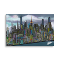 City skyline Loria NYC Artwork with colorful buildings and a full moon on a white background