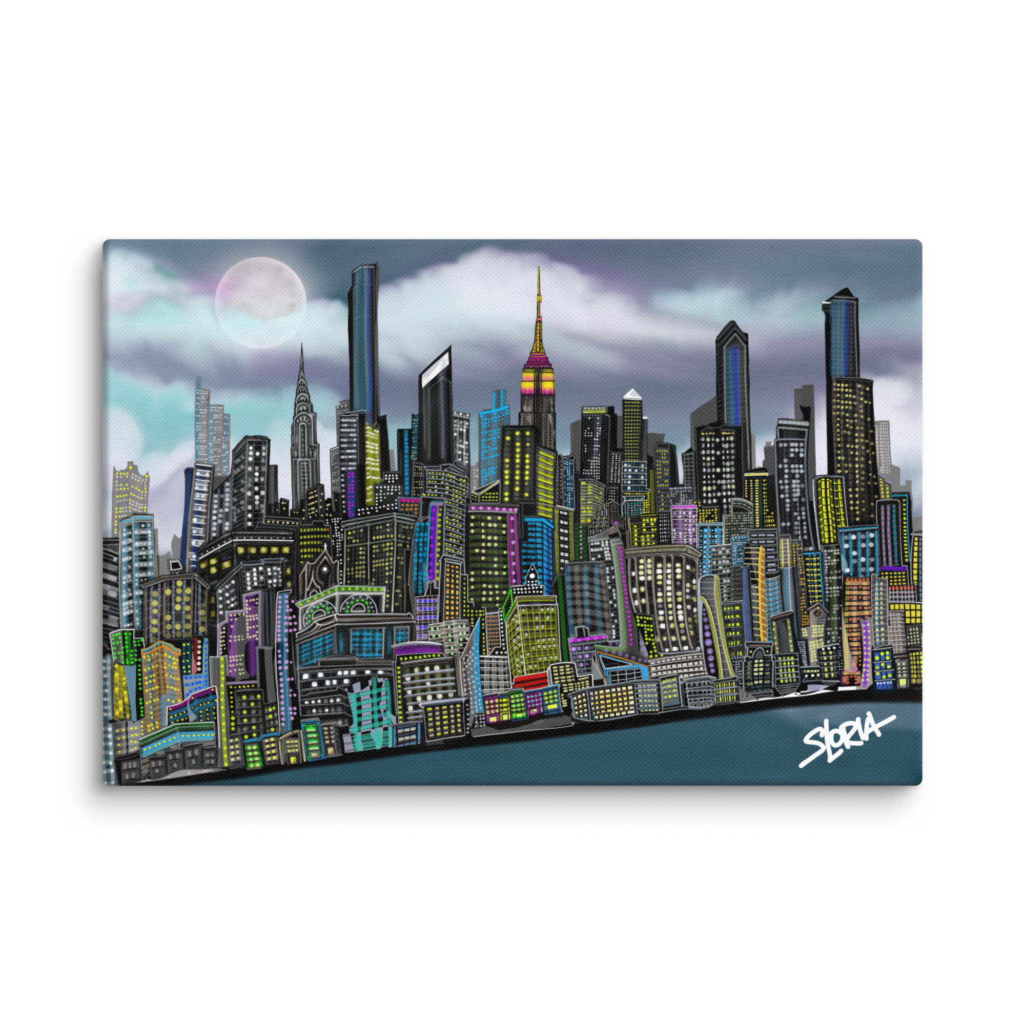 City skyline Loria NYC Artwork with colorful buildings and a full moon on a white background