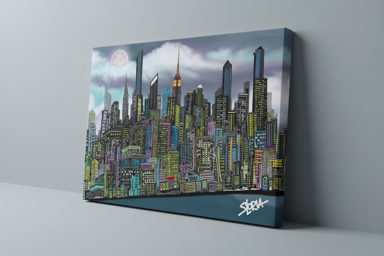 Canvas print of a stylized Loria NYC Art cityscape with 'S Loria' branding on a gray background