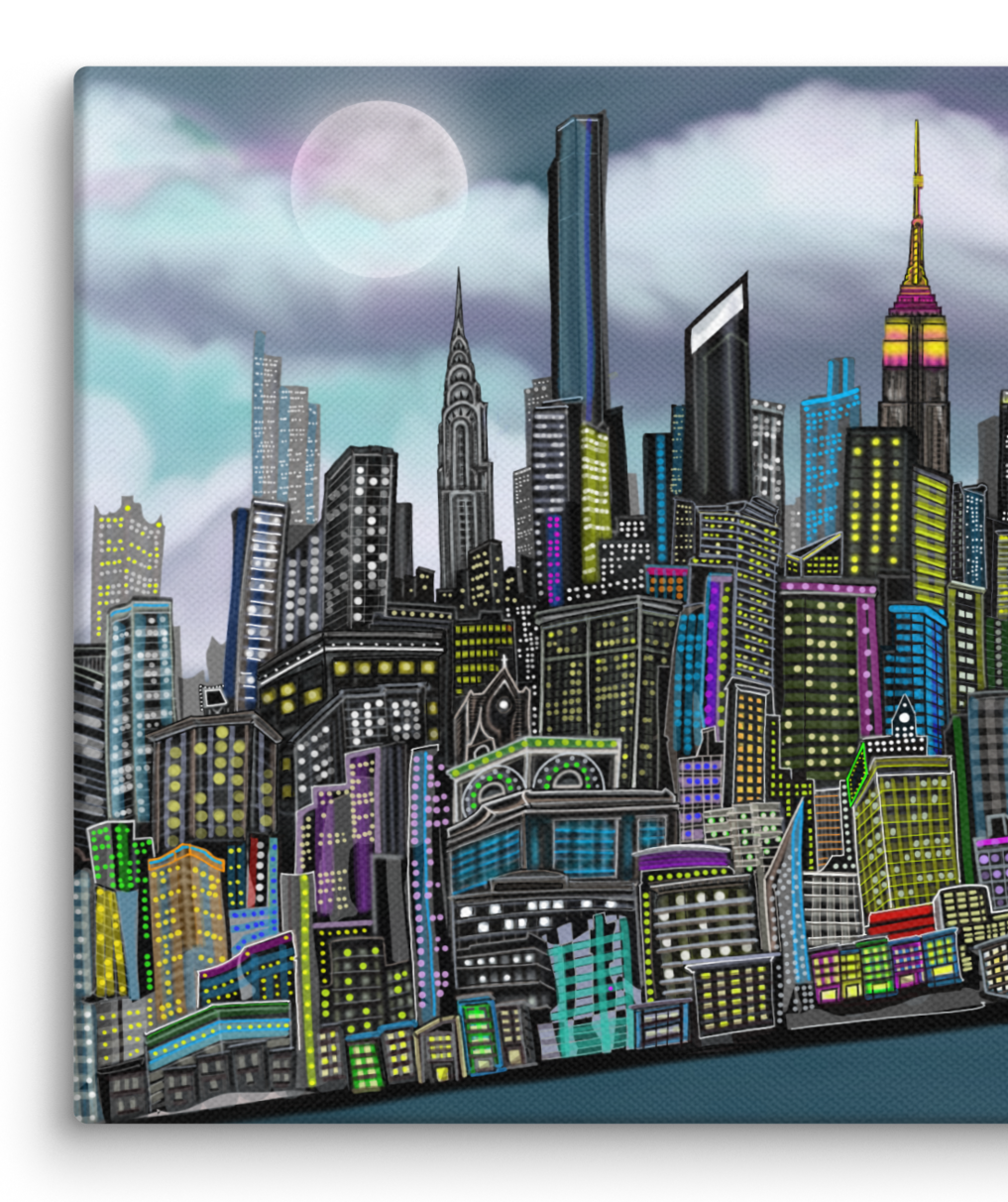 Colorful cityscape Loria NYC Art painting with tall buildings under a moonlit sky