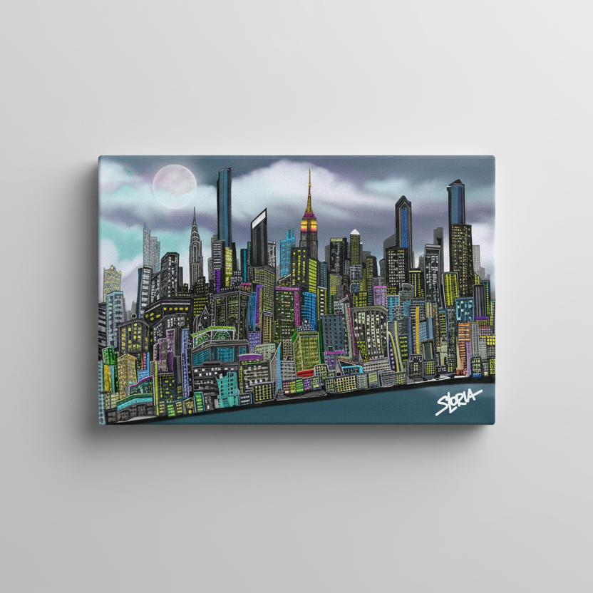 Canvas print of a colorful Loria NYC Art cityscape with 'S Loria' branding on a gray background