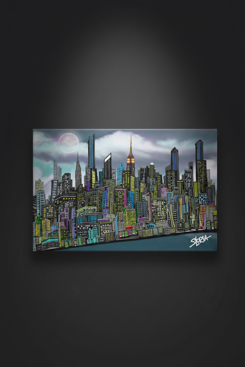 Colorful cityscape Loria NC]YC Art painting on a dark background 