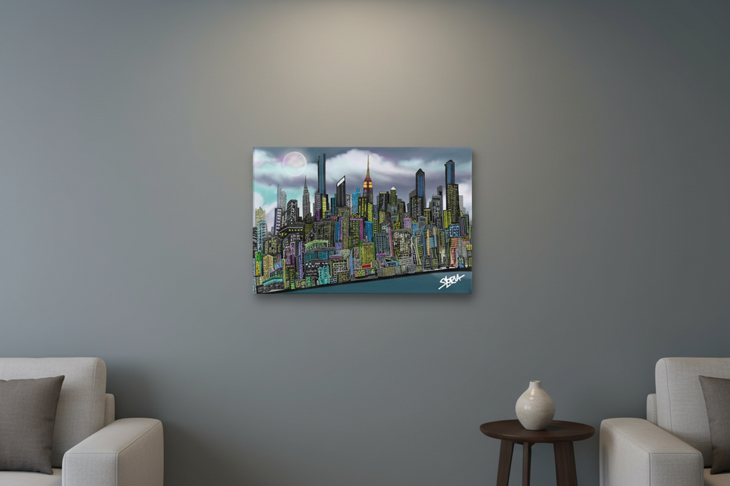 Cityscape Loria NYC Art painting on a wall in a living room setting