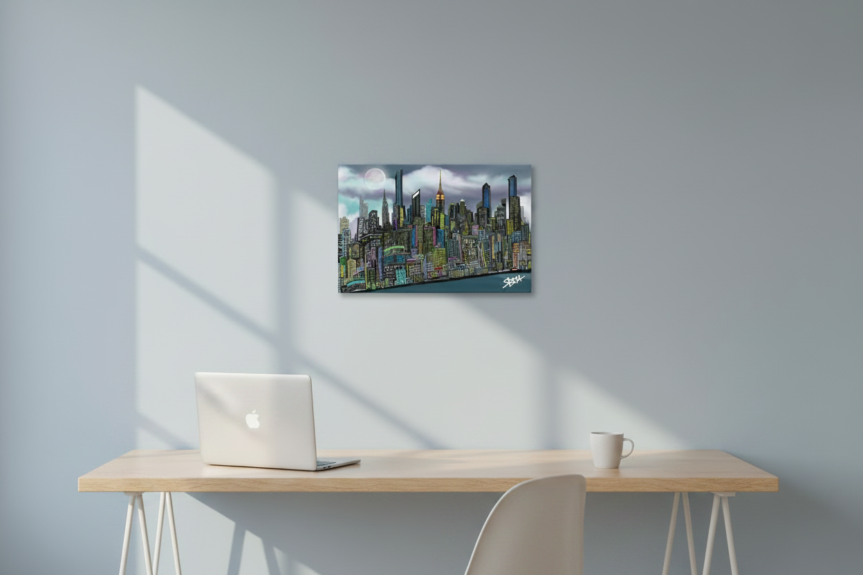 Cityscape Loria NYC Art print painting on a wall above a desk with a laptop and mug.
