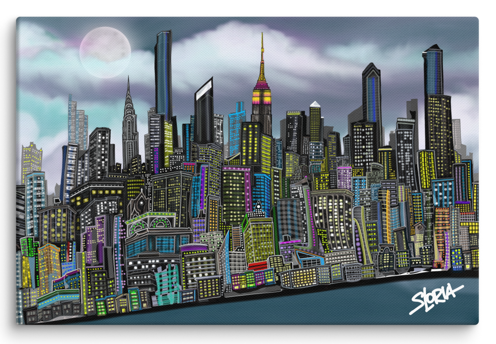 Colorful city Loria NYC Art skyline painting with a full moon in the sky, featuring the brand 'S Loria'.