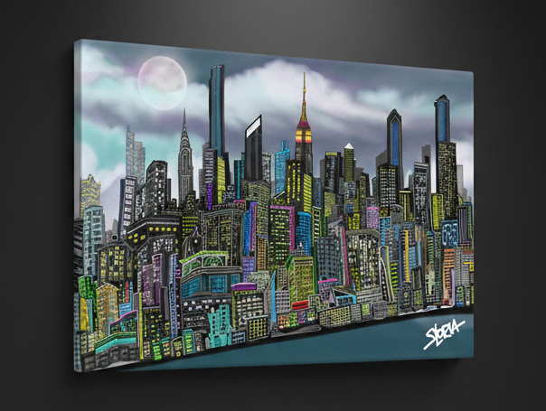 Canvas Loria NYC Art print of a city skyline with colorful buildings on a dark background