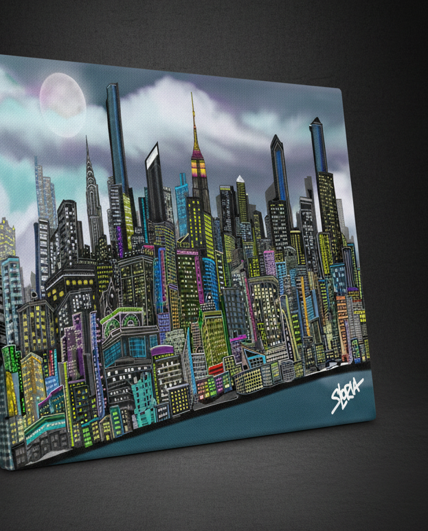Canvas print of a colorful Loria NYC Art cityscape with a dark gray border