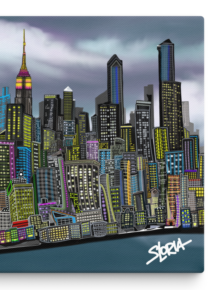 City skyline Loria NYC Art design on a product packaging with 'Sloria' branding.