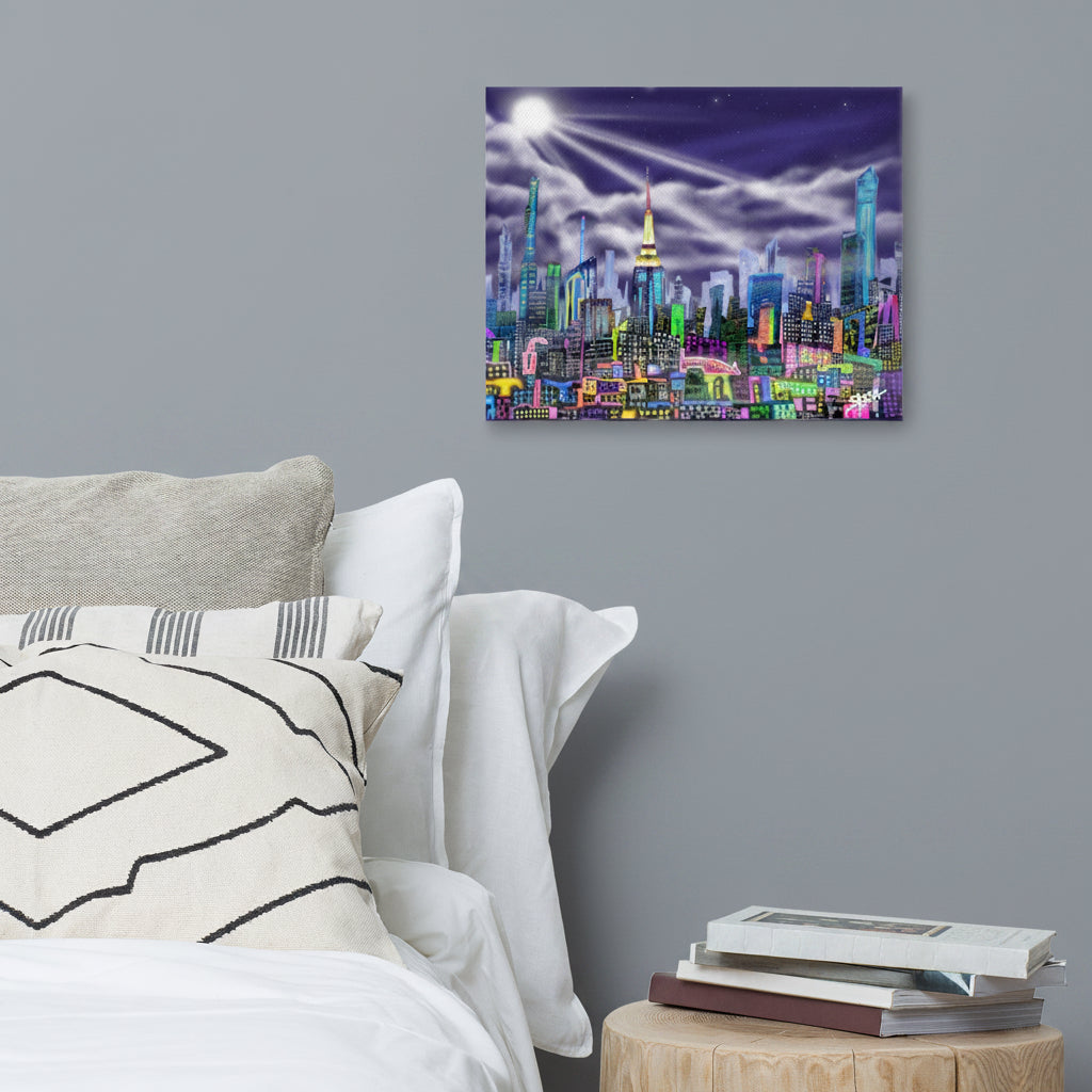 Painting on a wall above a bed with pillows and books, Colorful cityscape design on a canvas print with a brand logo S.Loria by Loria NYC Art