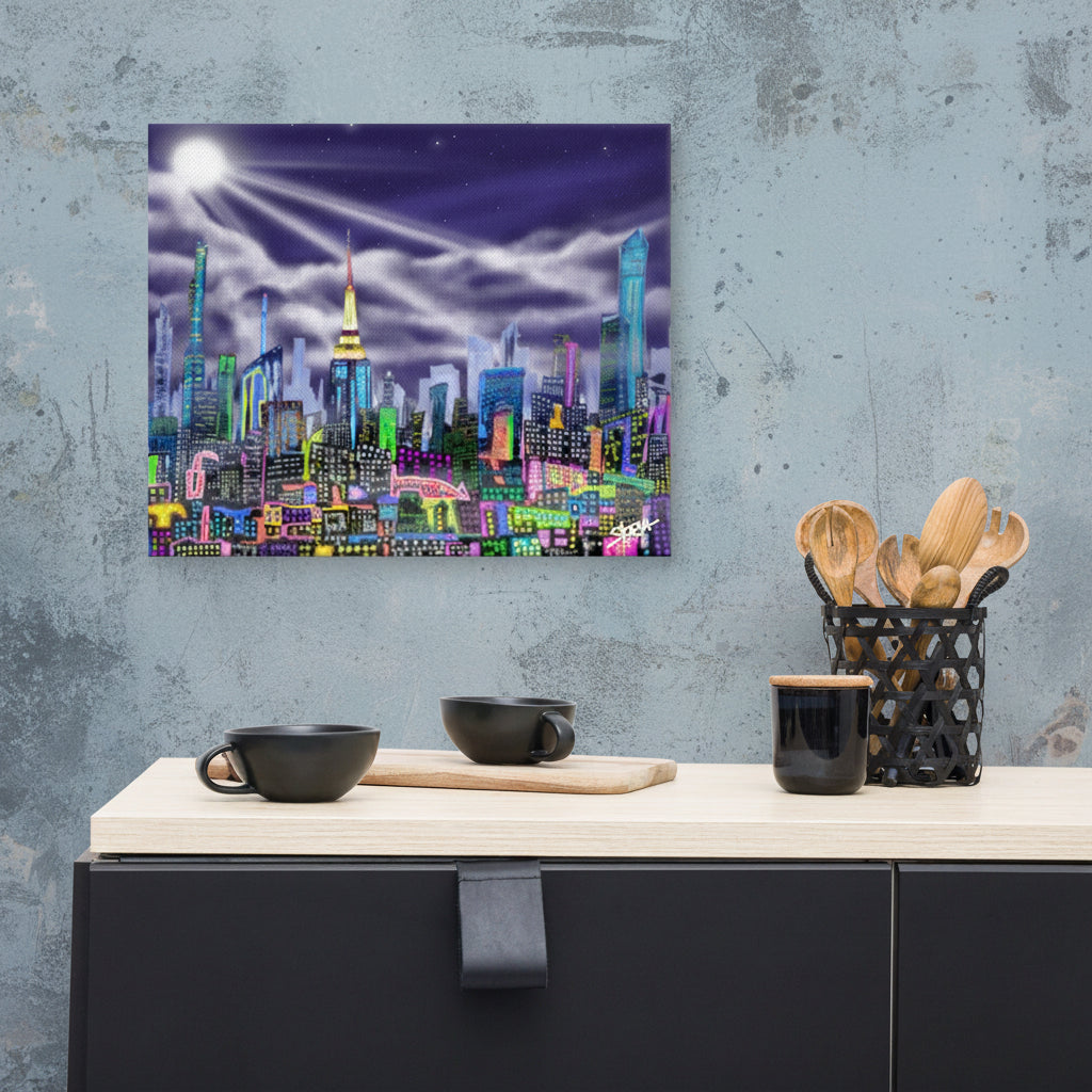 Colorful cityscape painting on a wall above a kitchen counter with utensils, Colorful cityscape design on a canvas print with a brand logo S.Loria by Loria NYC Art