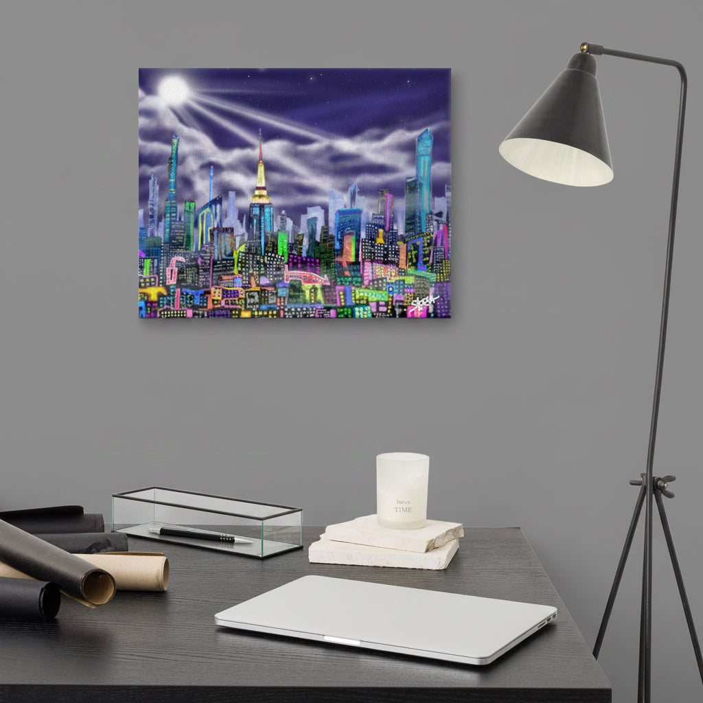 Painting on a wall above a desk with office supplies, Colorful cityscape design on a canvas print with a brand logo S.Loria by Loria NYC Art