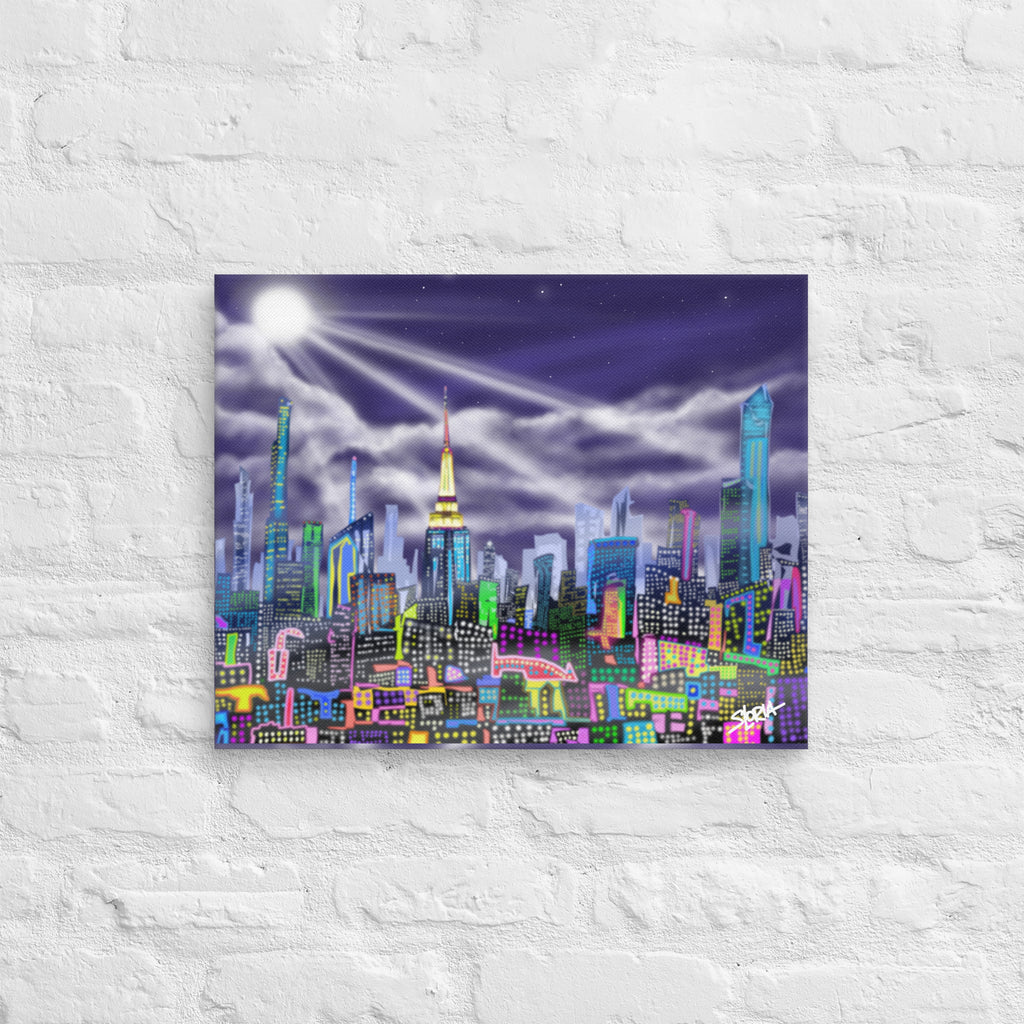 Colorful cityscape painting on a textured white wall, designed on a canvas print with a brand logo S.Loria by Loria NYC Art