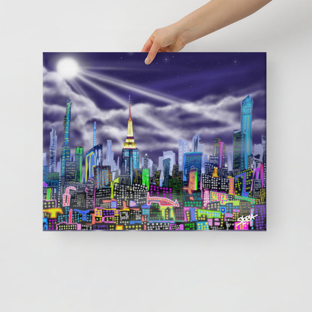 Colorful cityscape painting held by a hand against a white background,designed on a canvas print with a brand logo S.Loria by Loria NYC Art