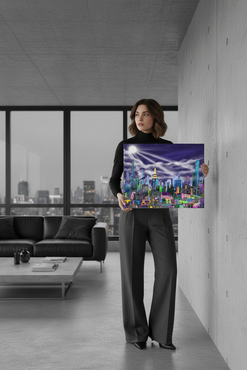 Woman holding a colorful Loria NYC Art painting in a modern living room with cityscape view