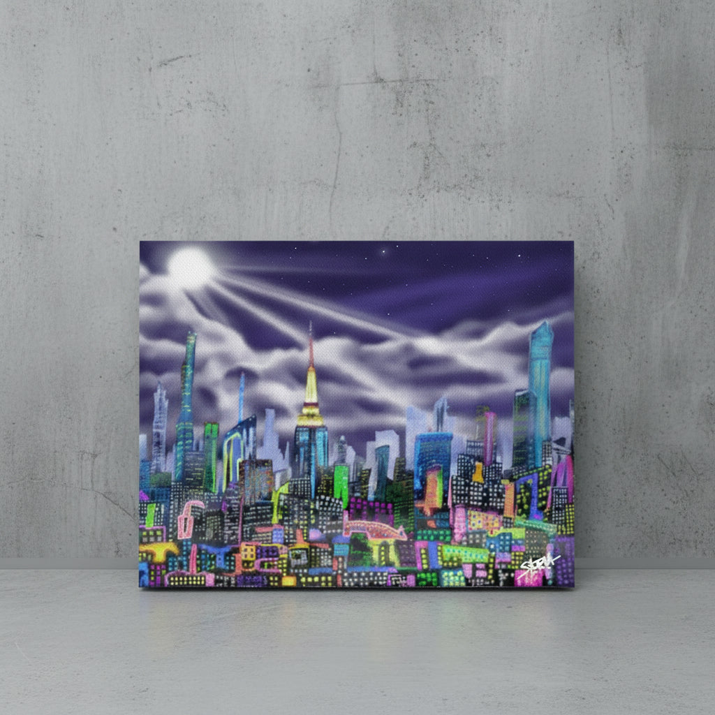 Colorful cityscape painting on a wall, design on a canvas print with a brand logo S.Loria by Loria NYC Art