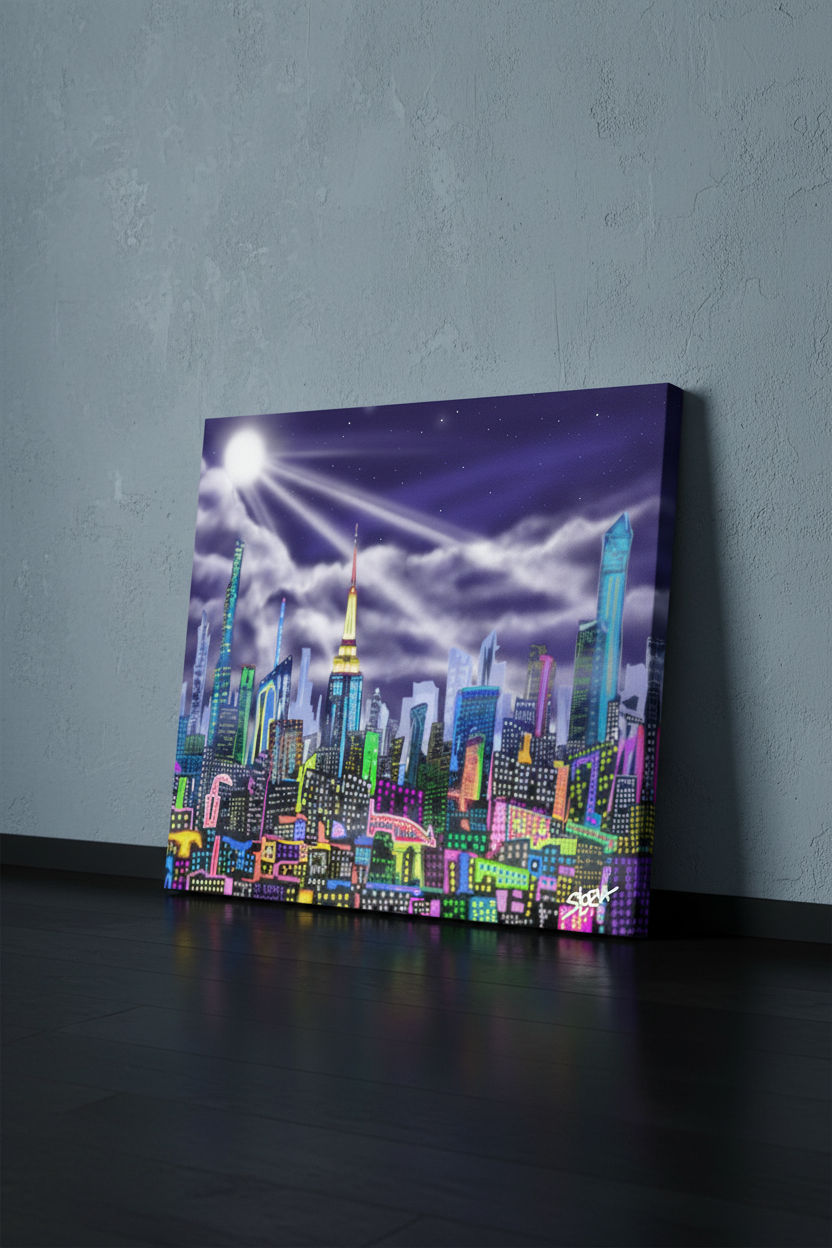 Colorful Loria NYC Art cityscape painting on a dark surface against a gray wall