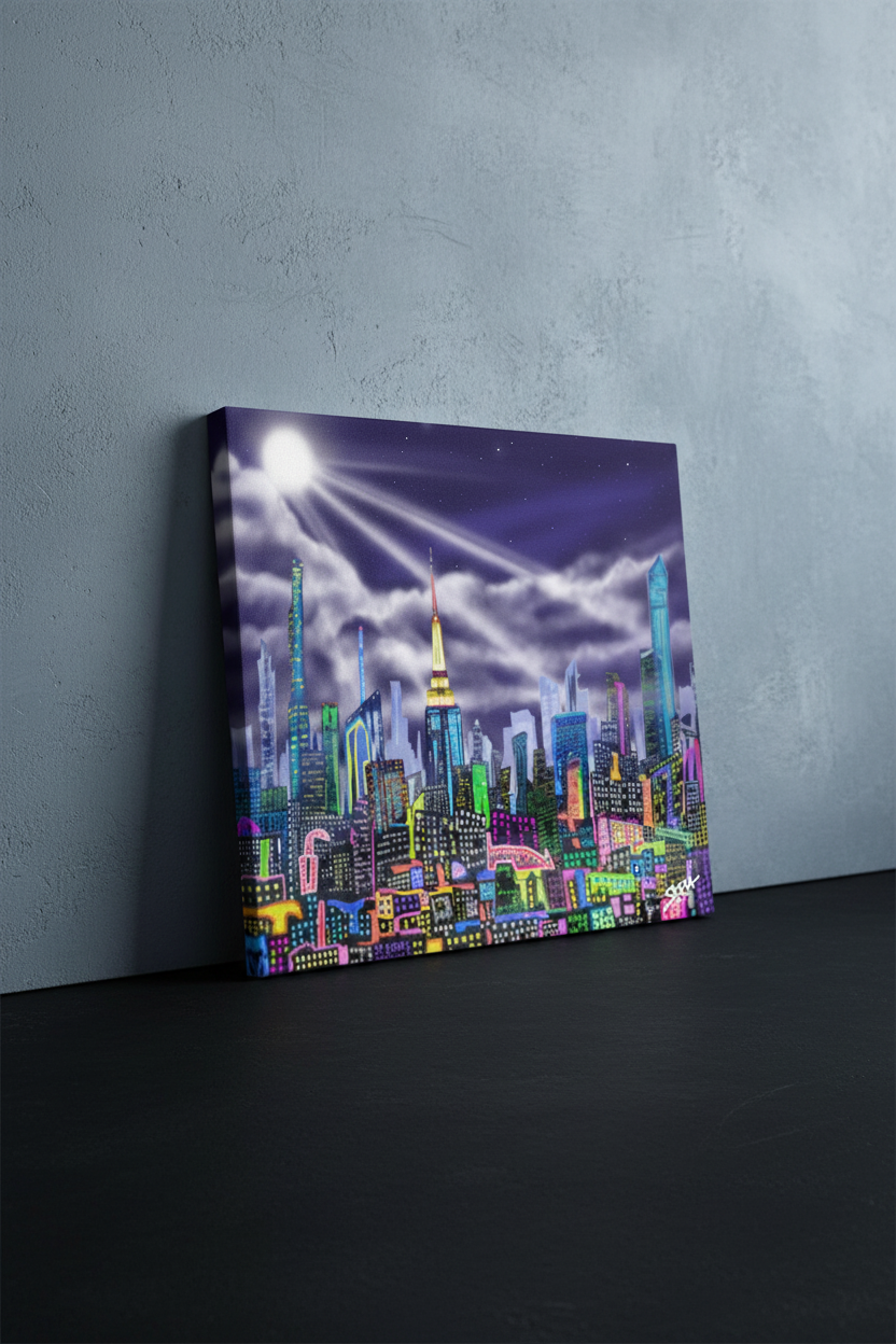 Canvas print of a colorful Loria NYC Art cityscape against a gray wall.
