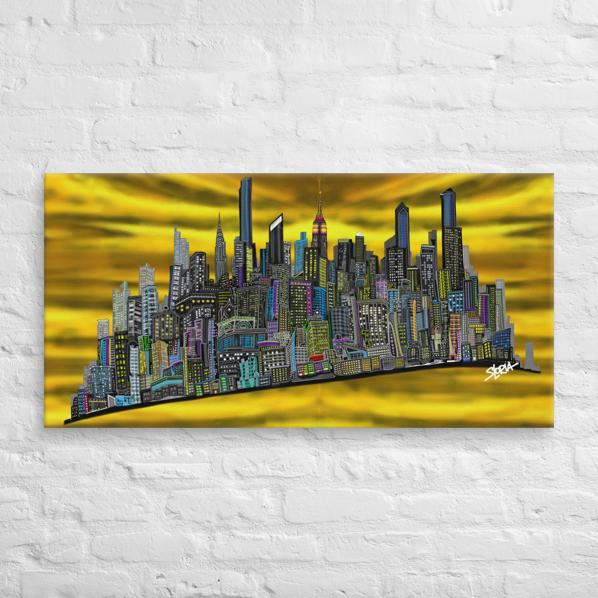 Loria NYC Art Cityscape on a yellow background with 'S Loria' branding, mounted on a white brick wall.