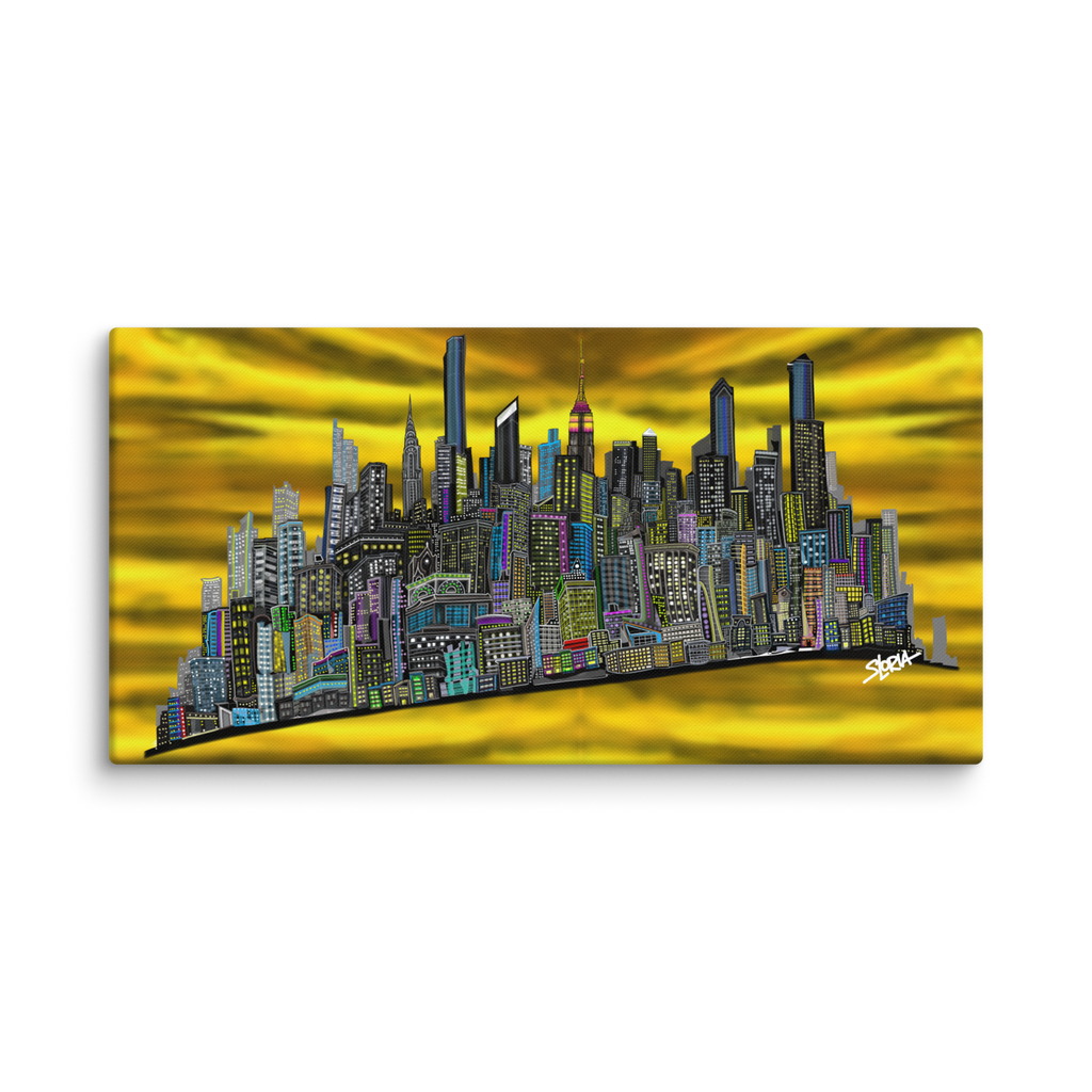 Cityscape Loria NYC Artwork on a yellow background with 'S Loria' branding.