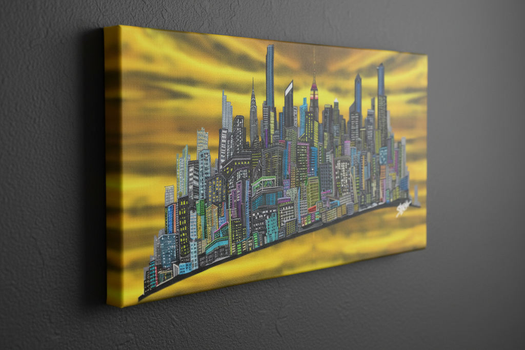 Canvas print of a Loria NYC Art city skyline with a yellow sky hanging on a gray wall.