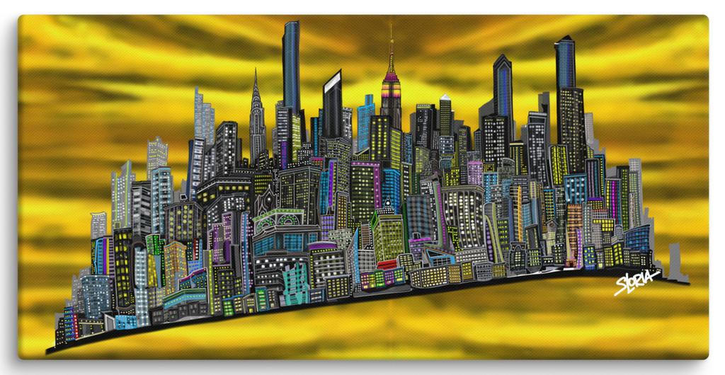 Colorful cityscape Loria NYC Art painting on a yellow background