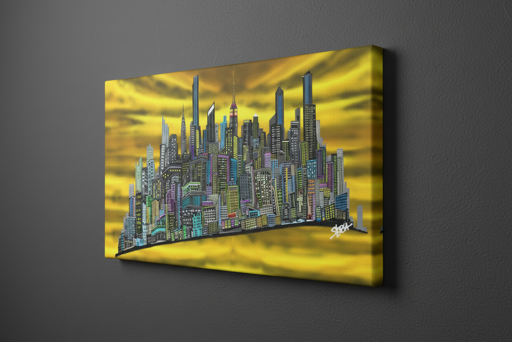 Canvas print of a stylized Loria NYC Art cityscape with a yellow sky on a dark gray wall.