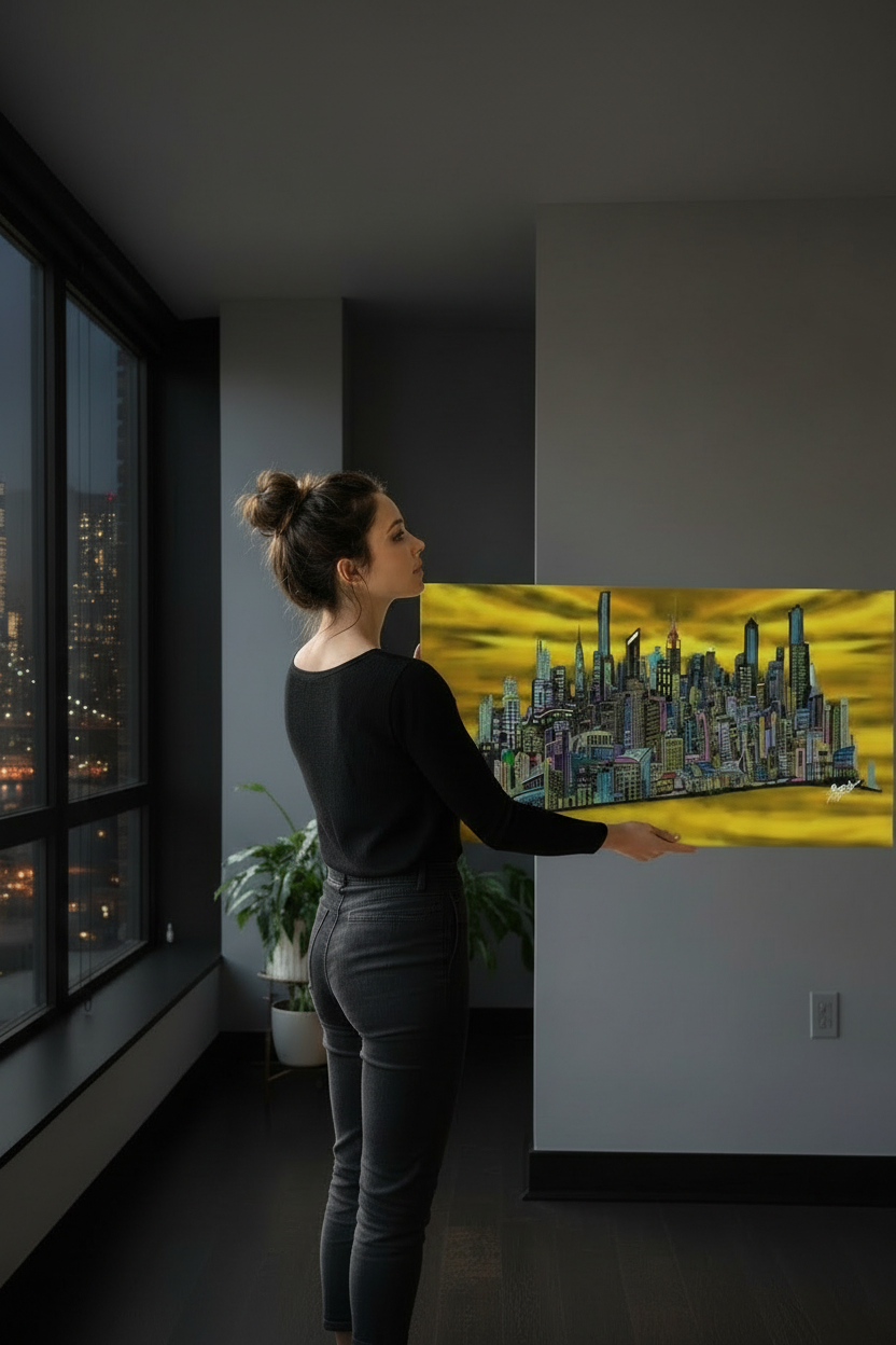 Woman standing in a room with a large cityscape Loria NYC Art painting on the wall.