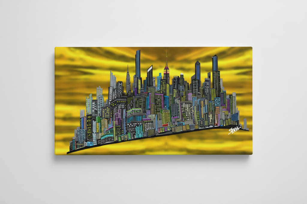 Canvas print of a stylized Loria NYC Art cityscape with a yellow background