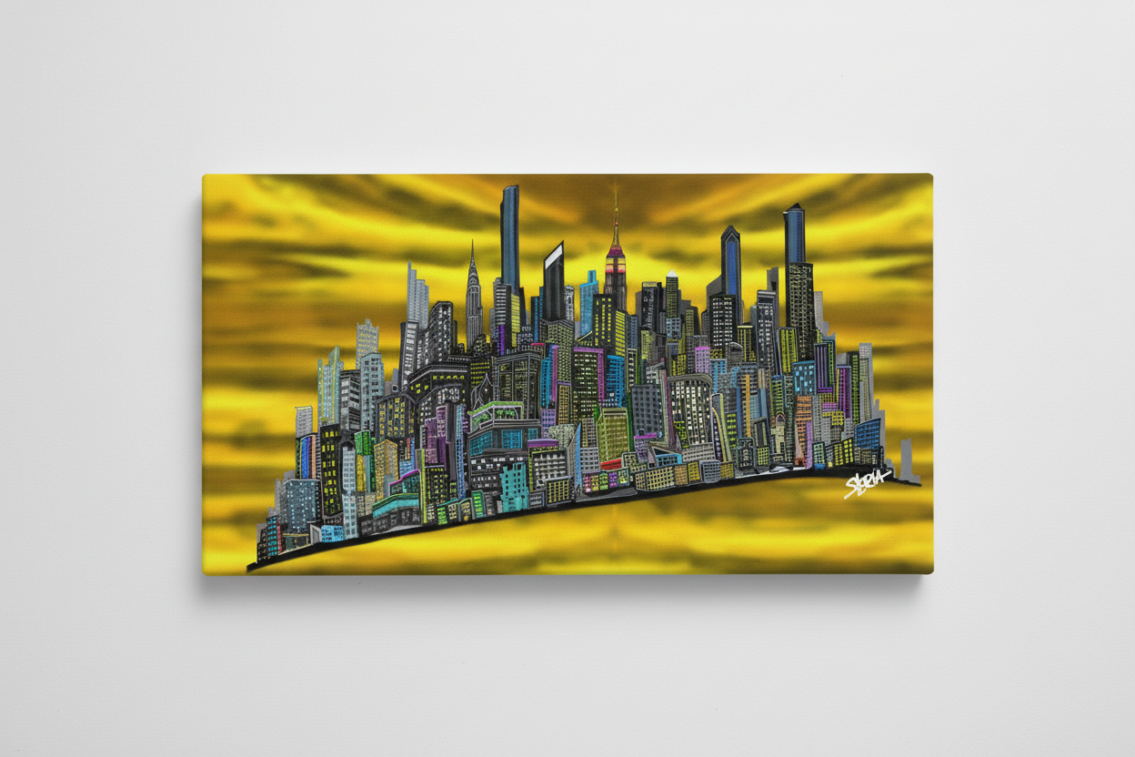 Canvas print of a stylized Loria NYC Art cityscape with a yellow background