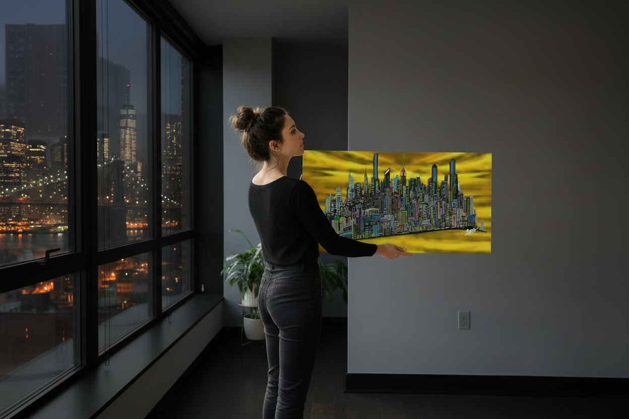 Woman hanging a large Loria NYC Art painting of a cityscape on a wall next to a window.
