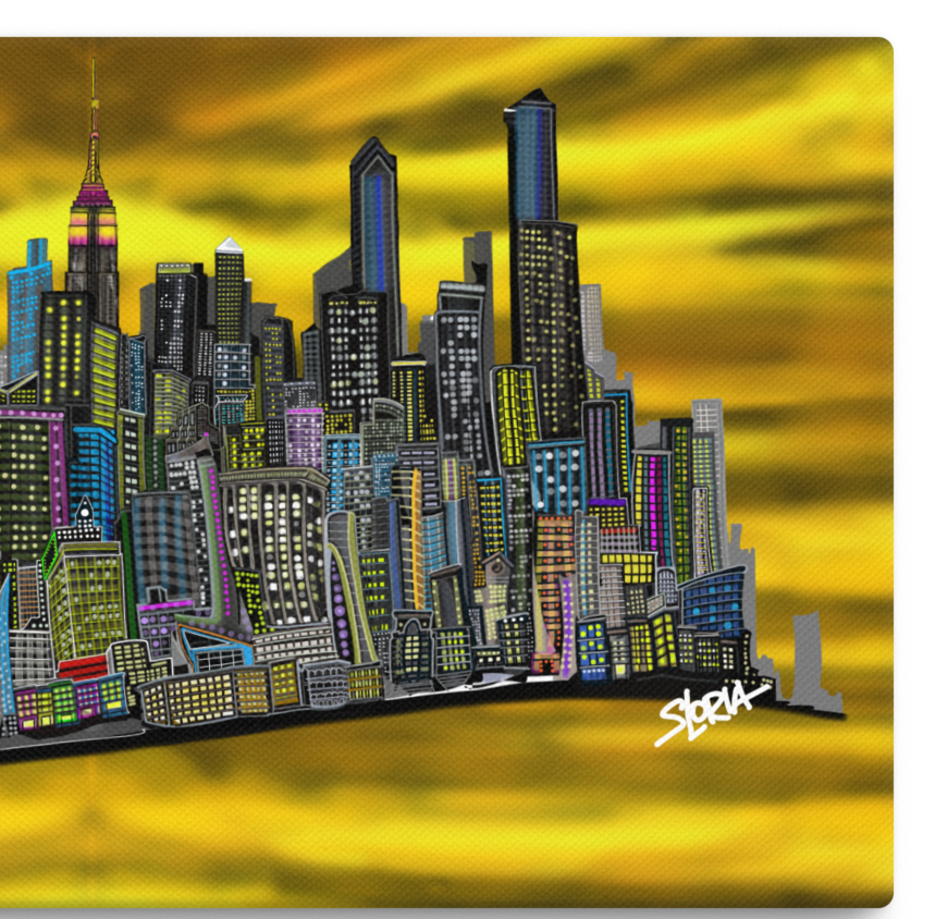 Colorful city Loria NYC Art skyline illustration on a yellow background