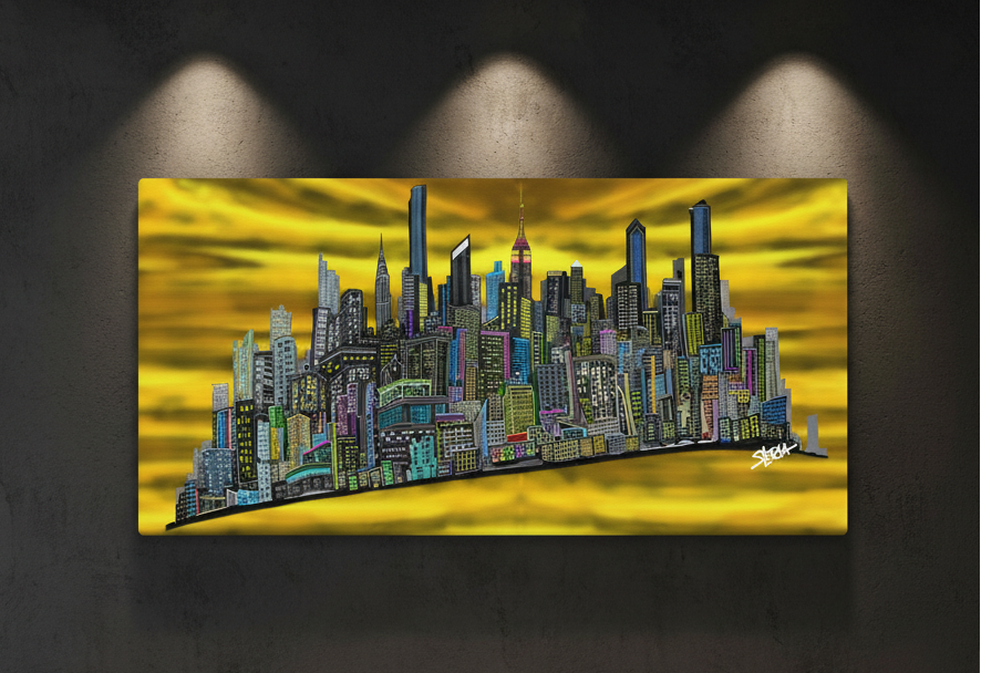Colorful cityscape Loria NYC Art painting on a yellow background with spotlight effect